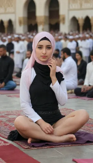 A Muslim Arabian 20 years old girl half naked, praying in front of mecca, yoga sit her legs, sad, crowd of people watching, imam watching, detailed hand, blush, black hijab, mirror, selfie, <lora:NcyPussy_v05:.8>