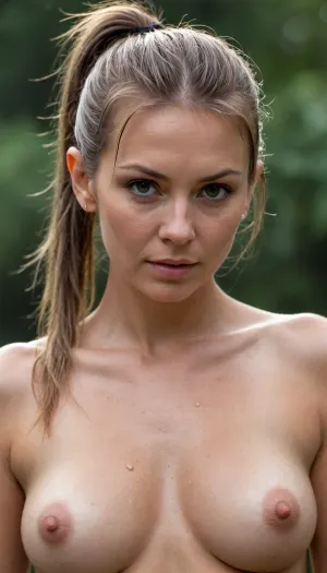 camera focus tits, slutty toned model, naked, Rain, wet, (seductive girl), (55 years old), (Aroused face:1.3), (messy ponytail hair:1.3), full body view, (photographs the whole object:1.3), (very sweaty skin on the body:1.2), small breasts, slender body, (seductively eyes:1.4), in Nature, erotic calendar, dark shadows, sensual atmosphere