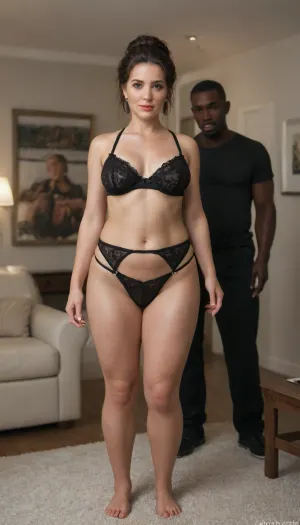 interracial, hot wife showing off for cuckold husband, woman in sexy lingerie standing, (brunette, MILF, petite, chubby), ((1 black man, tall, strong, muscular)), cinematic lighting, digital painting, bright colors, night scene, living room, sofa, best quality, masterpiece