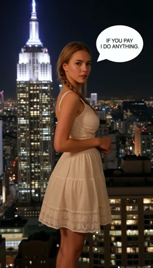 picture of a young Scandinavian, slim, woman, with blonde hair, french braid. she wears a ruffled-lace-dress, standing on top of a skyscraper at night, speech bubble "IF YOU PAY, I DO ANYTHING"., (photography, masterpiece)