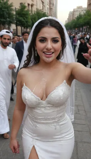 Awesome Iranian curvy 20 years old Bride in elegant and luxury wedding dress walking in the city with face covered in cum, heavy facial cum, cum on face, cumwalk, making a selfie, high heels, long hair, black hair, smartphone, holding phone, selfie, woman, facial, cum, on, face, breasts, stomach, In Tehran Street, shame, many arab man behind the bride point the bride with hands and laughing. walk of shame, covered, in, perfect, <lora:JustCum:1>, <lora:Facials:.5>, <lora:1122530_training_data:.8>, <lora:639536_training_data:.8>