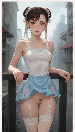 (Chun Li), horny, hinata, pale skin, freckles, thick lips, small perfect breasts, wet shiny skin dynamic pose, perfect skin, extremely beautiful face, ultra high details, looking at viewer, award winning photo, small natural breasts, stiff nipples, showing tits, hips, super waist, bimbo pussy, slight pubic hair, virgin pussy, blue eyes, tight pink floral sundress, (floral:1.3), slutty, big round butt, dark, backlit, slut, tight skirt, smiling, blushing, white crop top, white laced fishnet stockings, garter belt, leaning on a balcony railing, fucked by white guy with huge penis, doggie style, no panties, no thong, puffy pussy, ((ratatatat74), 90s Anime, (Outline), (cartoon), incase style, concept, art, by, syd, mead, retro, futuristic, flat colors, Perfect Hands), <lora:ratatatat74-000050:1.6>, <lora:outline_xl_kohaku_delta_spv5x:1.8>, <lora:cartoon_stickers_xl_v1:.6>, <lora:NEOTOKIOXL_0.2_RC:.4>