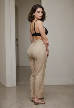 One brunette porn model. Massive boobs visible out, round ass. Linen short jumpsuit with lace-up neckline, Beige linen jumpsuit with lace-up neckline, black lace bra, beige flat sandals, beige leather necklace.
