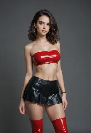 One brunette Instagram model. Massive boobs. Latex bandeau top and ultra-short pleated skirt, Red latex bandeau top, black pleated skirt, black vinyl thigh-high boots, steel bracelet.
