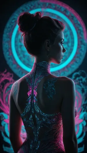 a woman silhouette, dark energy, intricate design, dark background, predominant pink tones, blacklight illumination, spot colors, very aesthetic, vibrant cyan hues. #©KITTYART



































#©KITTYART
