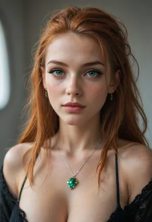 woman, female, 20 years old, beautiful exotic face, long ginger hair, messy hairstyle, very green eyes, freckles, makeup, blushing, (very long eyelashes:1.3), extreme deep cleavage, large breasts, eye contact, cyber punk, glowing green gem, in space, dark starship, high detailed