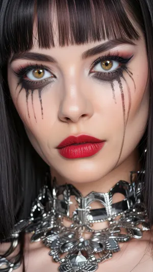 Dollskill, Solo woman, ru1n3dm4k3up, ruined mascara, red lipstick, heavy eyeliner and mascara, she is covered in long dark mascara tears that run down her cheeks from under her eyes, black shaggy hair with full bangs, best quality, hyperdetailed, super realistic, (photorealistic), detailed beautiful skin, (masterpiece:1), (best quality), (ultra high-res), 8k resolution, Canon EOS R5, 50mm, absurdres, ultra detailed, sharp focus, detailed skin texture, dark studio, night, Deepthroat, <lora:ru1n3dm4k3up:.7>