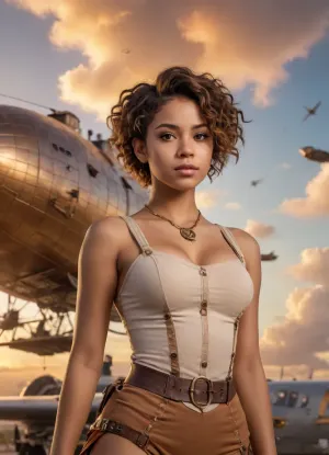 woman, Steampunk, 18 year old, mulatto, best quality, ultra-detailed, masterpiece, finely detail, high res, 8k wallpaper, cute tall tall face, tanned skin, pixie cut hair, messy hair, naked pussy, vintage airships and plane on background, sunset sky and golden clouds background, jg-jc0n, V4nn4Bard0t-2760
