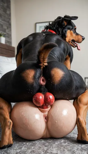 Dog mating, hardcore anal dog sex, side view, puffy shiny asshole, big wet ass, massive soft ass, white girl ass fucked aggressively by black dog, huge red knotted dog cock, full body view, doggy style fucking