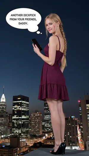picture of a young Scandinavian, slim, woman, with blonde hair, french braid. she wears a ruffled-lace-dress, standing on top of a skyscraper at night, holding her phone speech bubble "ANOTHER DICKPICK FROM YOUR FRIENDS, DADDY".