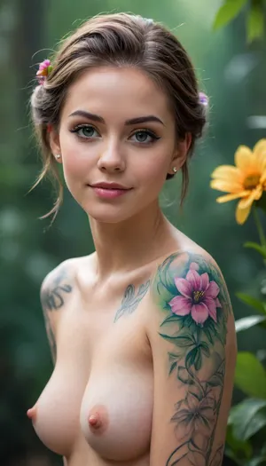 masterpiece portrait photograph of a full body beautiful tattooed girl, innocent smile, natural athletic breasts, slim build, pale skin, eye contact, skinny, tall, with flower in her hair, airbrush, by Ni Zan, behance, modern European ink painting, wlop and ross tran, sexy side glance, intricate, elegant girl, acrylic and spray paint, artwork, Vogue, (/The, Incredibles), /, (ultra, HD, quality, details), (/Ben10), (green, eyes), <lora:Spider-Gwen:.8>
