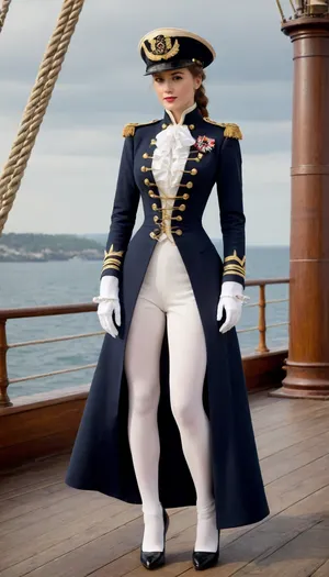 Sexy female British admiral in formal naval uniform in 1880, on the deck of a sailing ship, (((huge natural breasts))), (((cleavage))), A formal British naval uniform for an admiral in 1880 typically featured a dark blue double-breasted tailcoat with gold epaulettes on the shoulders, signifying rank. The coat had gold braiding and decorative buttons, with a high collar and a standing, military-style neck. For a woman, the uniform would retain these elements, adapted for a more feminine form. The coat would be tailored to fit the waist and flared at the hips, while a fitted, high-neck blouse would be worn beneath. She would wear a white skirt or trousers, with gold-trimmed boots and a wide-brimmed naval hat adorned with a gold band.