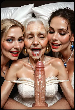 (3 peoples), Threesome, 60yo blonde classy granny, necklace with pendant, earrings, jewellery, orgasmic face, lustful screaming, no makeup, tears of joy, realistic tears, eyes closed, perfect hands, extreme wide eyes, biting pillow, luxury velvet coctail dress, ripped pantyhose, panties pulled down, 40yo blonde classy mommy, mom is happy face, 18yo son, extreme creampie, extreme bounce lines, thick white cock, veiny cock, incase style, 4k, photorealistic, intricately detailed face, realistic face, realistic cum, young boy 18yo, face, we see the two bodies, grandma, same face, Same skin, porn.
