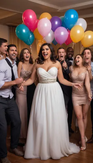 interracial gangbang.
A joyful Iranian bachelorette party scene. The bride is a slightly chubby, pale skin busty Iranian woman wearing a white party dress and a playful "bride-to-be" sash. She is surrounded by her close friends — all angry black muscular man — wearing stylish, colorful party dresses. They are dancing, laughing, and holding their giant thick black penis in a modern, cozy living room decorated with balloons, fairy lights, and a "Bride Squad" banner. Everyone looks happy, relaxed, and full of energy. The atmosphere is lively and festive, full of love and friendship.