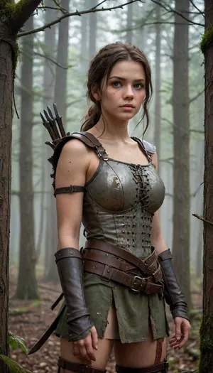 ** Description for the image generator, ** A girl in a tattered medieval tunic of coarse linen, with frayed edges and traces of dirt, stands in an iron cage that resembles an animal enclosure. Her hair is disheveled, her eyes are fearfully defiant, and her fingers are gripping the bars as if she's trying to defend herself. The cage is surrounded by a misty forest thicket, rusty spikes on the bars and shadows from the branches add to the sense of confinement. There are two hunters around, men in worn leather armor, daggers on their belts and crossbows on their backs. Their postures are aggressive — one is leaning toward the cage, grinning, his hand reaching for the lock, the other is half-turned, eyeing the captive with carnivorous interest. The hunters ' faces are a mixture of cruelty and lustful curiosity, narrowed eyes, stiff neck muscles, greasy grins. **Details to draw, **, **Textures, ** focus on the frayed fabric of the tunic, the gleam of the metal of the cage, the roughness of the tree bark in the background., **Lighting, ** the dim moonlight filtering through the fog creates sharp shadows on the hunters ' faces and glare on their weapons., **Emotions, ** fear and resistance in the girl's eyes, contrasting with the predatory passion of men., **Environment details, ** moss on the ground, broken branches underfoot, cobwebs in the corners of the cage. — * * Colors, ** a muted palette, (gray-green tones of the forest, dark brown leather of armor), with an emphasis on the pallor of the girl's skin and bloody reflections on metal. — * * Composition, ** a bottom view that highlights the threatening position of the hunters, a light haze for an atmosphere of alarm. **Technical instructions, ** Use ultra-detailed rendering for the characters ' faces and hands, 8K texture resolution for rendering small elements, (such as scratches on bars), and dynamic lighting with soft shadows. Add a motion blur to the background to focus your attention on the cell. * Restriction, The description does not contain explicit scenes of violence, but implies a tense atmosphere.*, fantasy, scaled, humanoid, 4ng3l, face, <lora:add-detail-xl:.5>, <lora:SDXL_BetterFaces-LoRA_v1:.5>