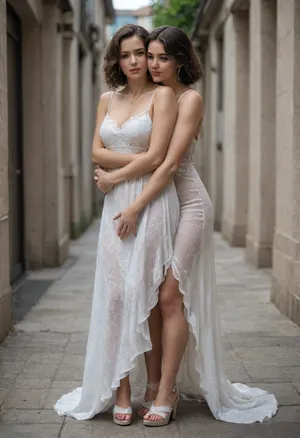One brunette porn model. Massive boobs visible out. Body-hugging summer dress with V-neckline, white stretch dress, black lace bra, white wedge sandals, silver necklace.