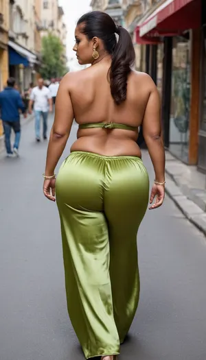 aunty bimbo, extremely chubby, hyper colossal boobs, extremely large areola, extremely puffy nipple, extreme hyper colossal round booty, booty bigger than torso, thin waist, muscular abs, topless, no underwear, hair style ponytail, shiny see through silk wide flared low waist palazzo pant, walking on street, back view, front view