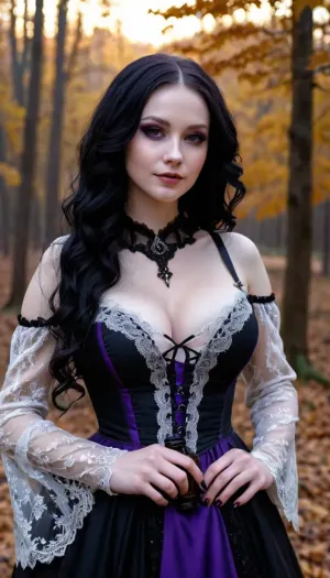 Beshine, albino skin, extremely pale skin, veins showing through skin, outside, cloudy dark forest at night, black roses all around, sunset, autumn leaves, realistic lighting, regal Black hunting dress with purple lace trim and silver adornment, mischievous smile at camera, long black wavy hair, dark makeup, extreme cleavage, hanging viewer a small black vial, Gothic style, art, fantasy, drawing in the style of realistic anime, dark, Gothic, <lora:256210_training_data:1.5>