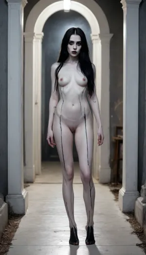 High contrast, supernatural ghost girl, alternative, 18yo goth, black very very long hair, skinny, wide hips, cemetery at night, tomb doors are open, non-uniformity, shadow figure, super position, transformation, (skin painted pale white:1.7), seductive, imposing, killer's confidence, troll tail, bathing in tears, mascara, mysterious presence, haunting presence, stunning long legs, dangerous visitor, burning eyes, ghost girl, barefoot, (black half hands, black half legs), (black tattoo), (black pubic hair, haired pussy), incoming