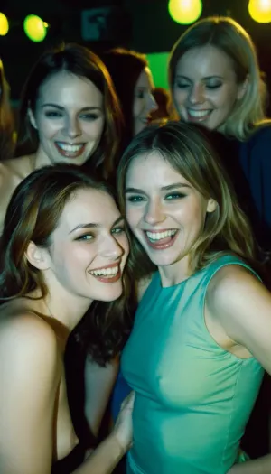 Candid 35mm Polaroid of a group of gorgeous girls partying at a dance club. They look like trouble. they're laughing, having fun, and looking hot. They're trying to get attention. Take the photo using vintage film with hues of blues greens and yellows. Shallow depth of field., photorealistic, highly detailed, real-world, realistic lighting