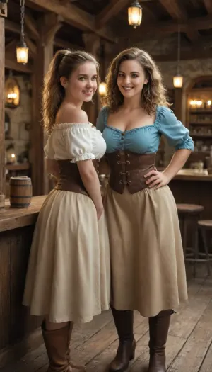 Inside a cozy, bustling medieval tavern, lit warmly by hanging lanterns, a cheerful white woman with blonde hair tied in a ponytail and sparkling blue eyes tends the bar. She wears a blue top tucked into a tan skirt, cinched with a brown leather corset and belt, and brown boots. She is chubby, smiling brightly, and her face is detailed with soft, warm features. Beside her, another equally cheerful woman bartends, white with chestnut brown wavy hair down to her shoulders, green eyes, a freckled face, and an athletic build. She wears a cream blouse, dark green corset, brown trousers, and black boots. Both women laugh and serve drinks behind a rustic wooden bar lined with mugs and barrels. The tavern is lively, filled with the sounds of chatter and clinking glasses. Highly detailed, vibrant colors, fantasy concept art style, cinematic lighting