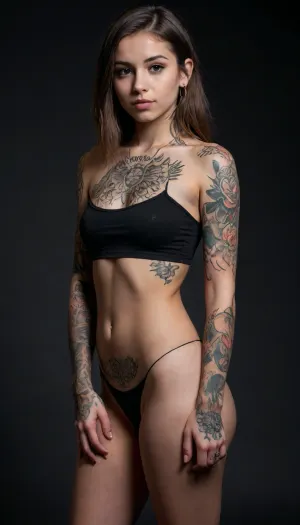 Beautiful tattooed petite girl 18 years old, petite body, small body, young body, very skinny, thick legs, big round ass, black background, transparent background, lower body