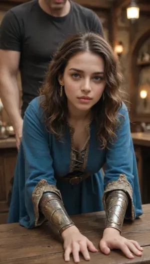 fantasy female sorcerer, red wavy hair, yuan-ti human, scales on face, wearing a blue hooded cloak with gold trim, leather belt, medieval dress, in a medieval tavern, detailed face, drawn style, bent over a table, fucked from behind, bent over