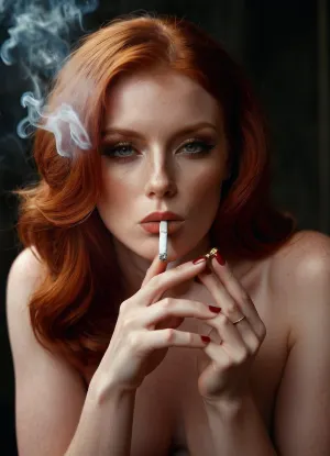 Hi res, full body view, 30yo Irish redhead woman, (smoking a cigarette:1.3), nude, red pubic hair, smoke coming out of the mouth, perfect hands, perfect fingers, <lora:Smoking_Babes_XL_V2:.5>