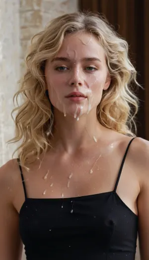 half body portrait of a young woman, slim, blonde, weavy hair, flatchested, wearing little black dress, (cum on face, thick white cum), . woman, cum, on, face, <lora:JustCum:1.4>