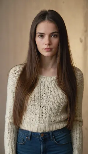 half body portrait of a young woman, slim, brunette, long straight thick hair, flatchested, wearing a wool-sweater and jeans, (cum on face, thick white cum:1), . woman, cum, on, face, <lora:JustCum:1.4>