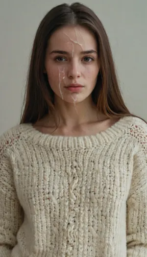 half body portrait of a young woman, slim, brunette, long straight thick hair, flatchested, wearing a wool-sweater and jeans, (cum on face, thick white cum:1.2), . woman, cum, on, face, <lora:JustCum:1.4>