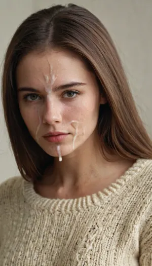 half body portrait of a young woman, slim, brunette, long straight thick hair, flatchested, wearing a wool-sweater and jeans, (cum on face, thick white cum:1.2), . woman, cum, on, face, <lora:JustCum:1.4>