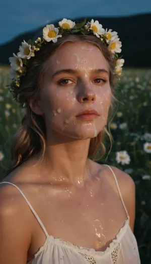 portrait of a young woman, swedish, flatchested, wearing a summerdress, flower wreath in hair, during white night, midsommar, (cum on face, thick white cum:1.2), . woman, cum, on, face, <lora:JustCum:1.1>