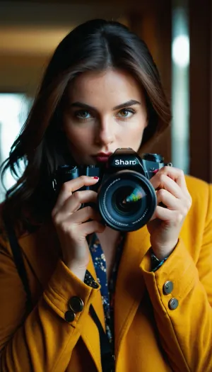 A photographer's muse, looking through the camera lens. She sees the world in a special way, she catches moments that elude others. She is wearing modern clothes that emphasize her individuality. Realism, bright light, contrasting colors, camera, lens, detailed, hands, <lora:Detailed_Hands-000001:.8>