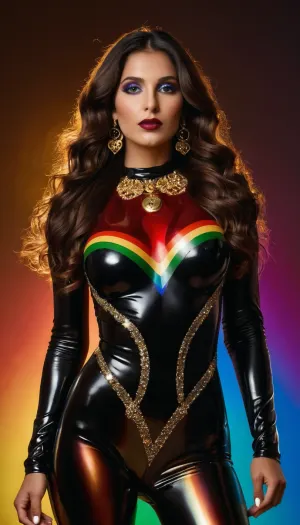 ((30yo brunette, very long wavy hair, Perfect face, (rainbow_make-up), big saggy tits), perfect nipples, perfect pussy), (((Black+gold ornaments latex crotchless bodysuit without cups)), full body visible. Gold high heels), (Sci-fi, spaceship, galaxy view), (photographed by a Nikon Z7 II Camera), high resolution, high detailed, (((red glowing indian electric android body)))