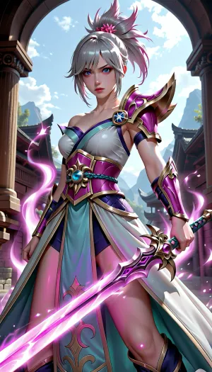 Riven di fiori di spirito: una vacca coraggiosa sotto la notte viola - opere d'arte di alta qualità da lega di leggende che caratterizzano la spada gigante brillante buster e un'eroina determinata medio-breasted in ultra dettaglio, wielding la sua spada con un pelo d'argento alto coda di cavallo e occhi viola splendenti, in piedi sulla verga di battaglia orgasmica pose in mezzo a uno sfondo di giappone tempio