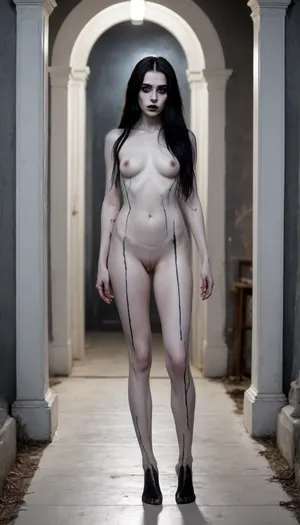 High contrast, supernatural ghost girl, alternative, 18yo goth, black very very long hair, skinny, wide hips, cemetery at night, tomb doors are open, non-uniformity, shadow figure, super position, transformation, (skin painted pale white:1.7), seductive, imposing, killer's confidence, troll tail, bathing in tears, mascara, mysterious presence, haunting presence, stunning long legs, dangerous visitor, burning eyes, ghost girl, barefoot, (black half hands, black half legs), (black tattoo), (black pubic hair, haired pussy), incoming