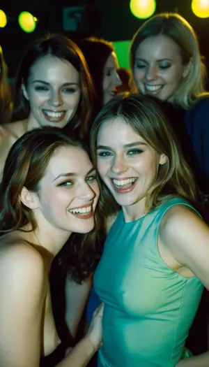 Candid 35mm Polaroid of a group of gorgeous girls partying at a dance club. They look like trouble. they're laughing, having fun, and looking hot. They're trying to get attention. Take the photo using vintage film with hues of blues greens and yellows. Shallow depth of field., photorealistic, highly detailed, real-world, realistic lighting