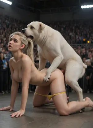 rear view, bestiality, zoofilia, The setting is a rodeo arena, a dark arena with neon lights, a ferocious, (((((((white dog attacks))))))), mounts doggy-style on the backside of a crying petite white-haired 24 yo woman with white hair in ponytail, ponytailed 24 yo girl in knotted sex, a beautiful shy crying girl, despair, perfect a-cup breasts with long erect nipples, girl on all fours, girl is attacked by large white dog, side view, crowd, detailed background, naked girl looks exhausted, (((torn sheer bright yellow panties down around her thighs))), (dog is fucking girl:1.5), (((girl has white ponytail))), 1.5, . girl has scratches on her buttocks, girl has scratches on her face, girl has bruises on her breasts, girl has bruises on her face, (dog has white fur:1.5), abandoned ruined yellow bra on floor, "FUTURE WHORE", White, Pitbull, Dog, <lora:White_Pitbull_Dog_SDXL:.8>, torn, fly, down, at, _______, <lora:tornclothesv6-8:.8>