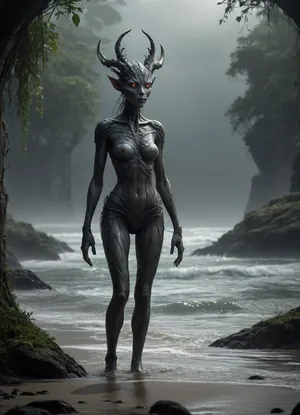 The scene is made on the ocean shore with vegetation in the style of dark fantasy-a dystopia with a very detailed and atmospheric environment. The world in the water is magically infected with glowing anomalies, perverted nature, and the remnants of vanished civilizations. The light is unnatural, casting eerie shadows . Creature girl and characters \ \ mystical, hybrid, animal-like anthropomorphic creatures with dangerous or wild traits. The art style combines elements of medieval fantasy.