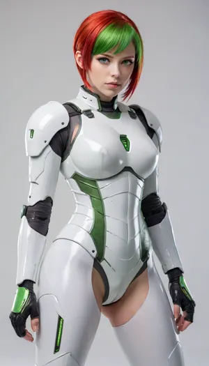 head to toe image of an android girl full white plastic full body armor with green and red hair in a long pixie cut hair seen from the 3/4 side, luminescent Bright Green eyes, all white background, d-cups, <lora:220437_training_data:.5>, <lora:Venus_Body_Alpha:.5>