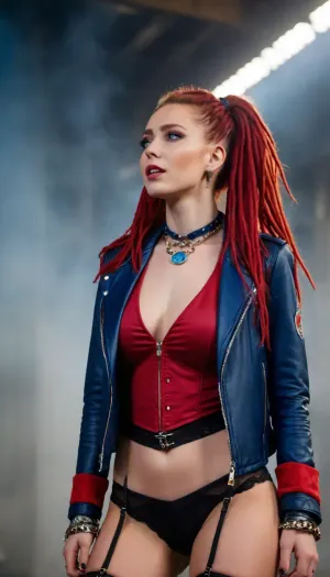 very cute tall young 26 years old skinny european asian girl, solo girl, (red dreadlocks:1.3), (bright makeup:1.2), (big wide bright blue eyes:1.3), Korean pop style clothes, a colorful blouse, a purple red Leather Jacket, (very fluffy Neckpiece:1.4), girl singing, rock concert, dark, bright spotlights, a lot of smoke fog, (highly detailed faces:1.2), high, heels, sexy, heel, 15, cm, boots, <lora:398313_training_data:.8>, ChunLingerie, <lora:SDXL_ChunLingerieXL:.8>