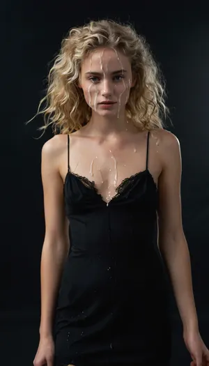 full body portrait of a young woman, slim, blonde, weavy hair, flatchested, wearing little black dress, (cum on face, thick white cum), . woman, cum, on, face, <lora:JustCum:1.4>