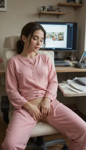 Home environment, mess, beautiful catgirl, brunette, short ponytail, skinny, wearing pink pajamas for sleeping, female masturbation, sitting with pants down in front of computer, fingering pussy, lots of cum from pussy, creampie, homemade masturbation, smiling, eyes closed, in monitor site "Pornworks", catgirl, <lora:catgirl:.5>