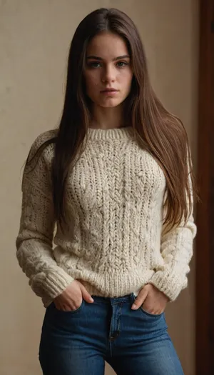 full body portrait of a young woman, slim, brunette, long straight thick hair, flatchested, wearing a wool-sweater and jeans, (cum on face, thick white cum), . woman, cum, on, face, <lora:JustCum:1.4>