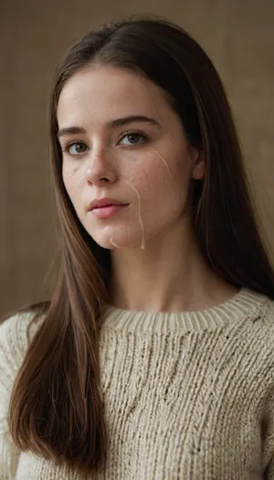 half body portrait of a young woman, slim, brunette, long straight thick hair, flatchested, wearing a wool-sweater and jeans, (cum on face, thick white cum), . woman, cum, on, face, <lora:JustCum:1.4>