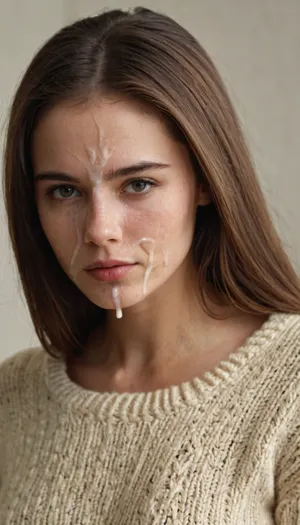 half body portrait of a young woman, slim, brunette, long straight thick hair, flatchested, wearing a wool-sweater and jeans, (cum on face, thick white cum:1.2), . woman, cum, on, face, <lora:JustCum:1.4>