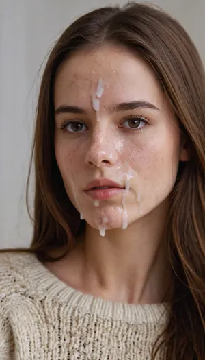 portrait of a young woman, slim, brunette, long straight thick hair, flatchested, wearing a wool-sweater and jeans, (cum on face, thick white cum:1.2), . woman, cum, on, face, <lora:JustCum:1.4>