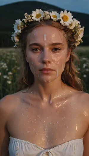 portrait of a young woman, swedish, flatchested, wearing a summerdress, flower wreath in hair, during white night, midsommar, (cum on face, thick white cum:1.2), . woman, cum, on, face, <lora:JustCum:1.4>