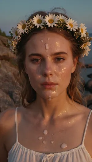 portrait of a young woman, swedish, flatchested, wearing a summerdress, flower wreath in hair, during white night, midsommar, (cum on face, thick white cum:1.2), on a rocky skerry. woman, cum, on, face, <lora:JustCum:1.1>